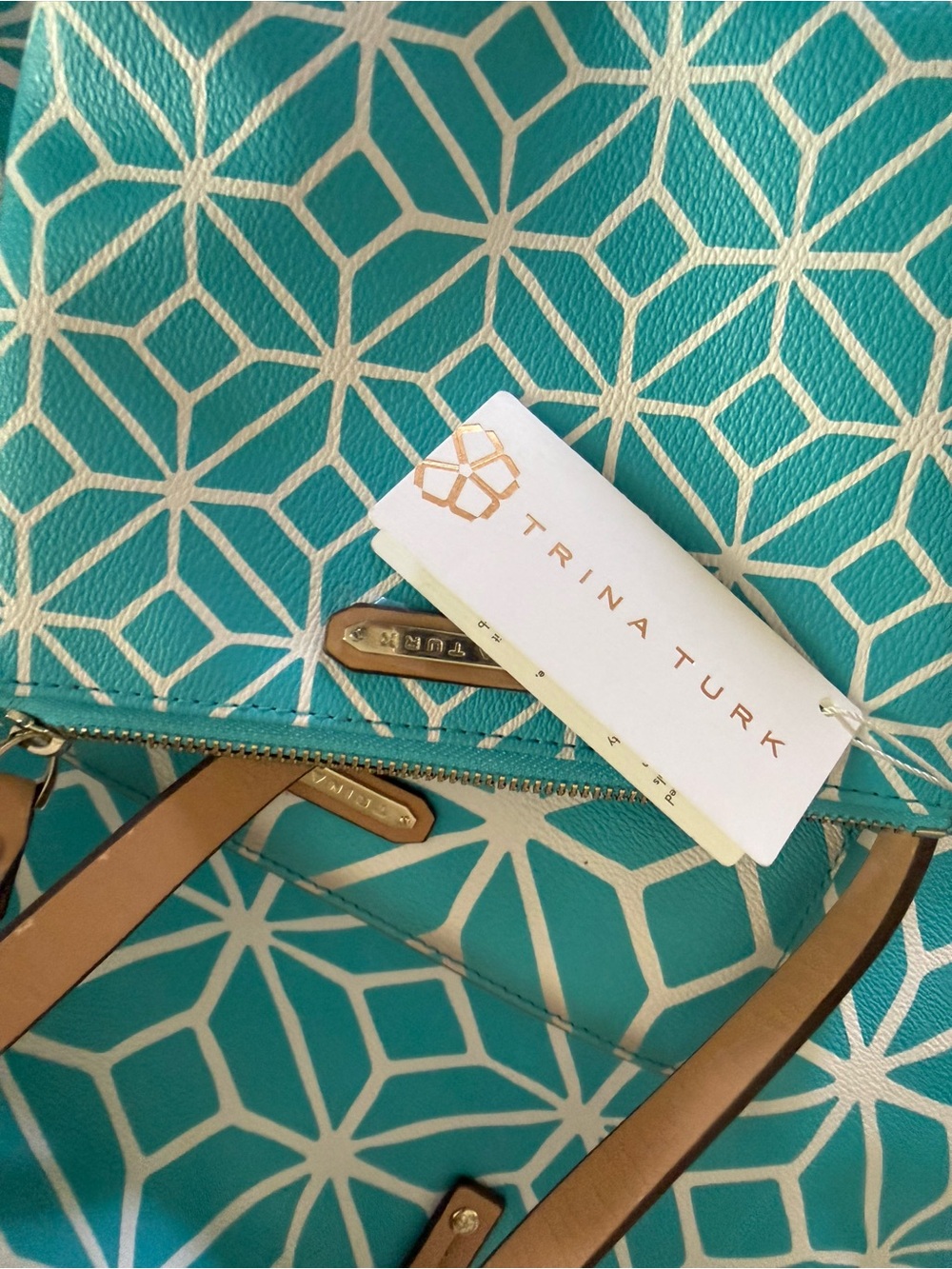 Trina Turk Turquoise Geometric Tote + Wristlet & Dust Bag-Discounted